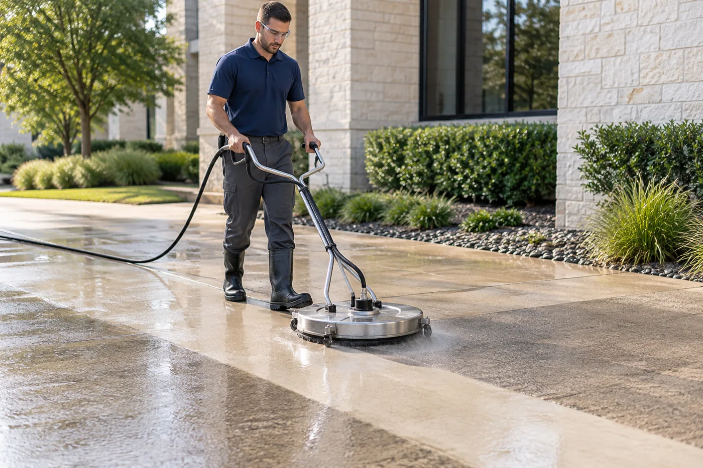 2S technician running a surface cleaner across a residential concrete driveway